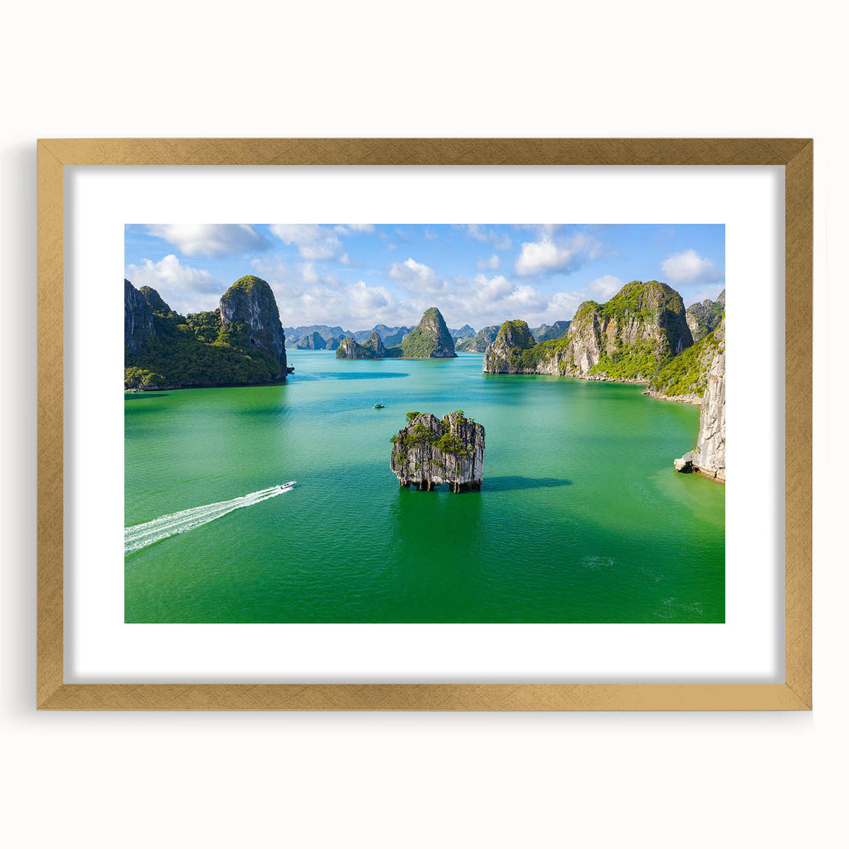 Extra large abstract art print featuring textured scenery of Vietnam in gold frame, ideal for living room decor.