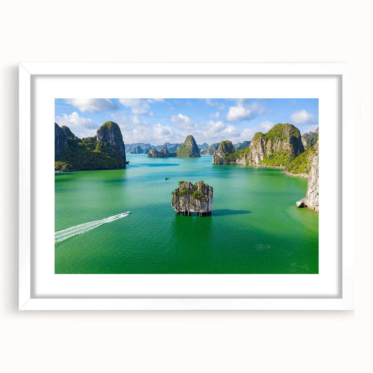 Abstract art print of a Vietnamese landscape in muted earth tones on a framed white mat, suitable for dining room decor.