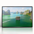 Large abstract wall art featuring a stylized Vietnamese landscape in muted earth tones, framed in black acrylic.