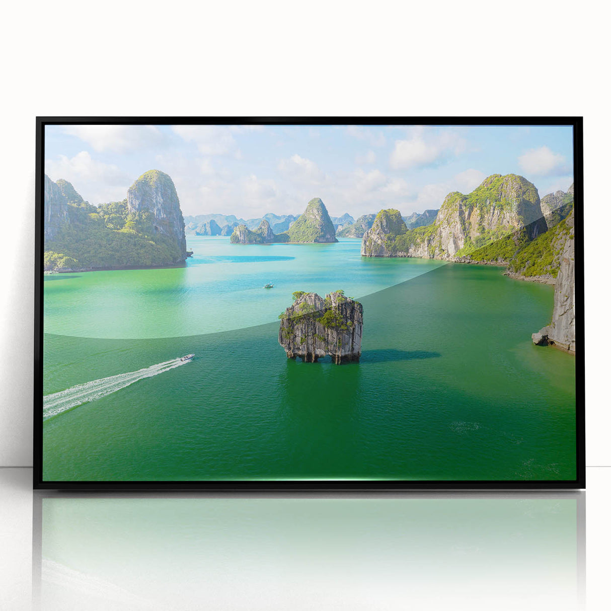 Large abstract wall art featuring a stylized Vietnamese landscape in muted earth tones, framed in black acrylic.