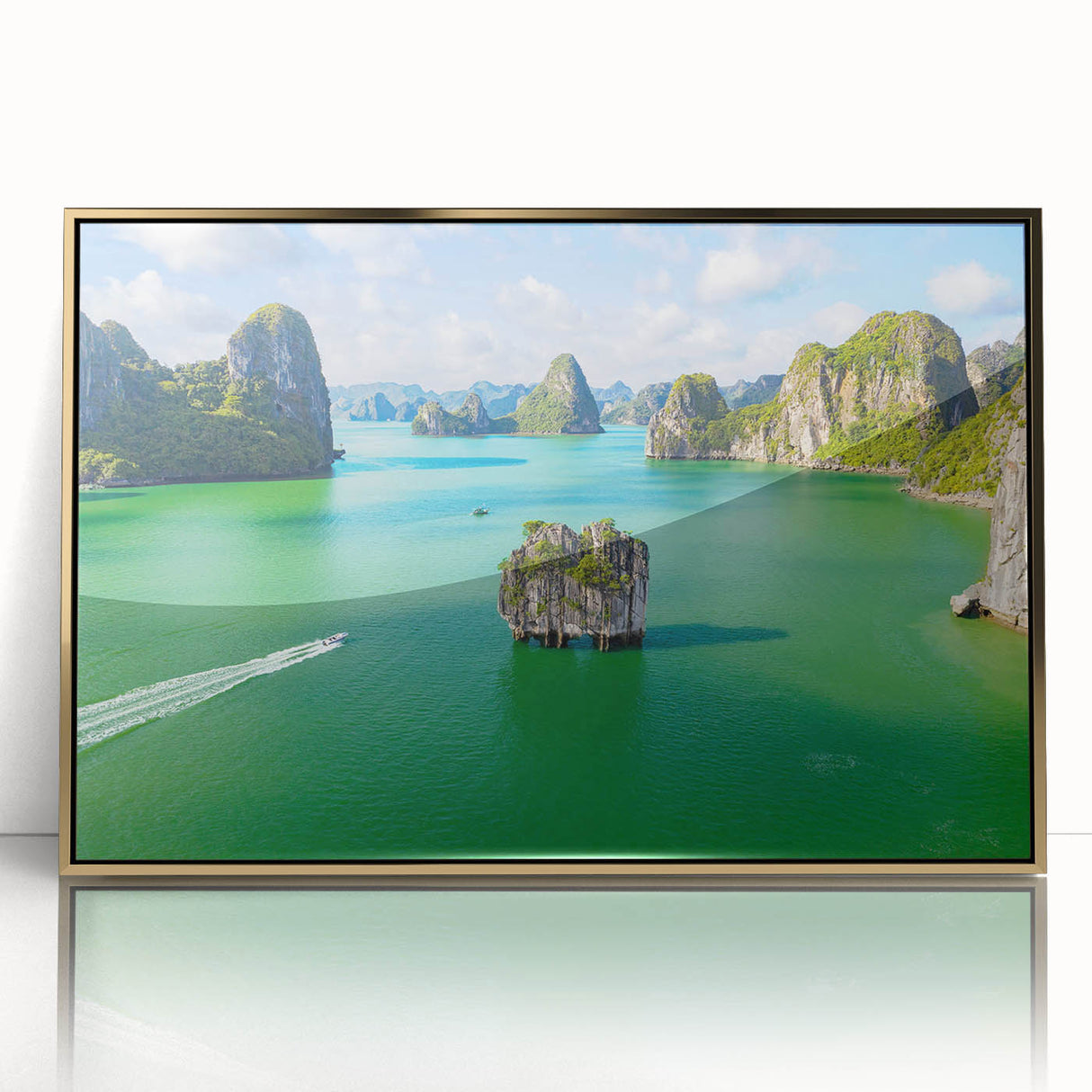 Mid-century modernist style large art print of a Vietnamese landscape in gold tones on framed acrylic.