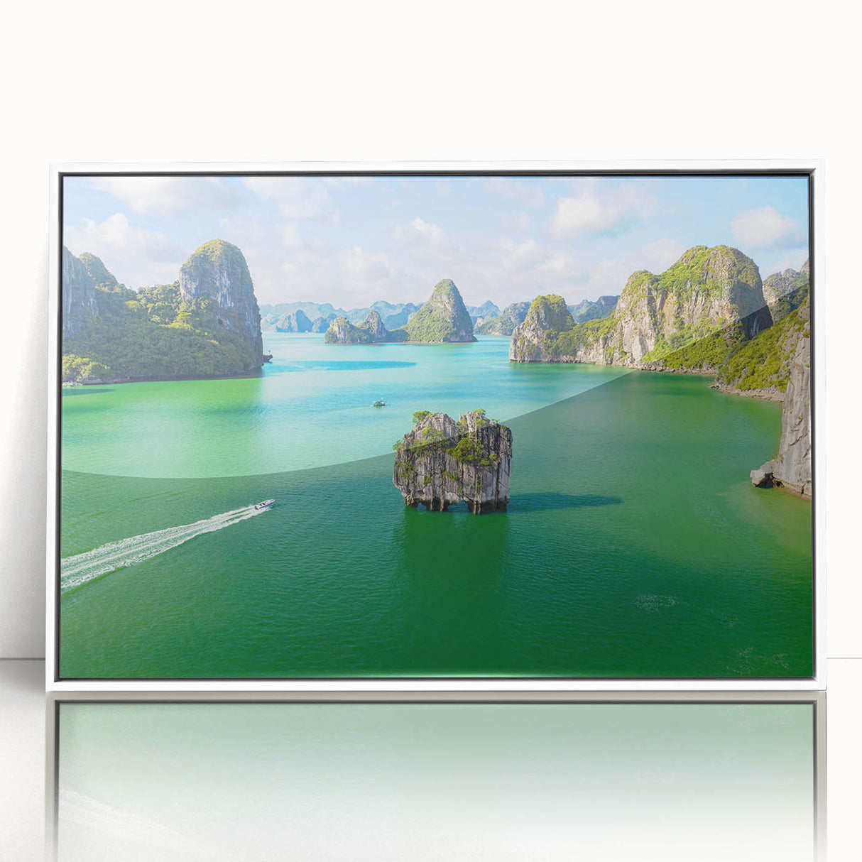 Framed acrylic print of a serene Vietnamese landscape in soft green and blue tones, ideal for modern art wall decor.