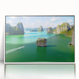Framed acrylic print of a serene Vietnamese landscape in soft green and blue tones, ideal for modern art wall decor.