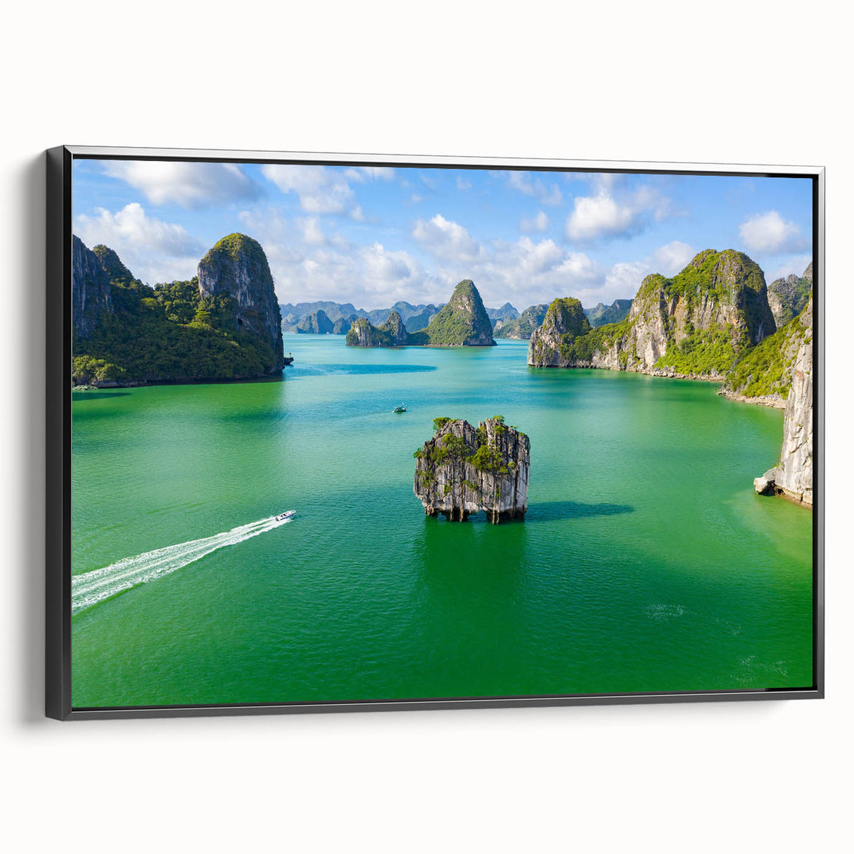 Black and white wall art of a Vietnamese landscape on framed canvas, suitable for bedroom decor.