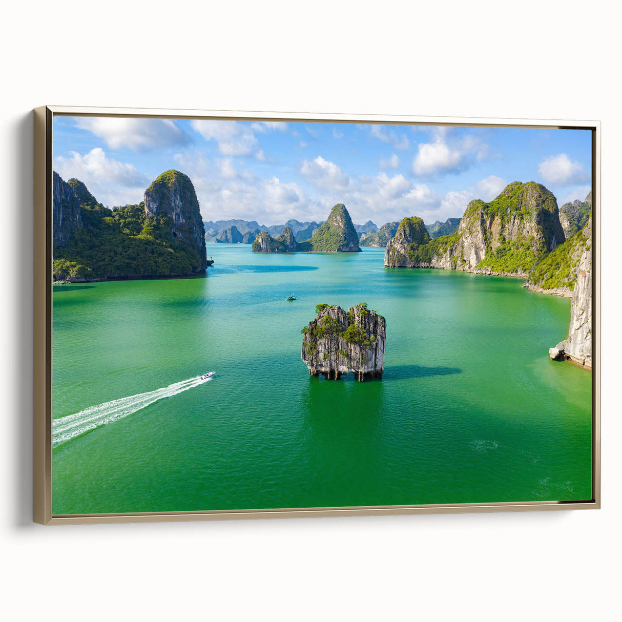 Framed canvas wall art featuring a vintage-style landscape painting of a Vietnamese rice terrace in muted greens and golds.