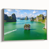 Landscape art painting of a Vietnamese rice field on a framed canvas, featuring vibrant green and earth tones.