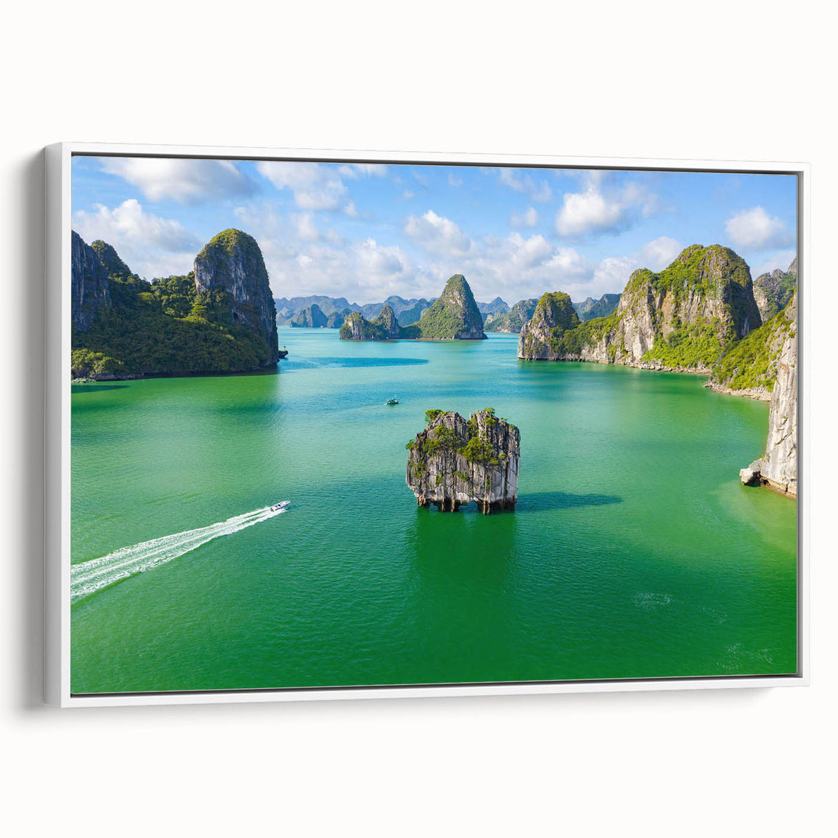 Vintage poster art of a scenic Vietnam landscape in vibrant colors on a framed canvas, ideal for living room decor.
