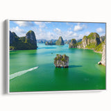 Vintage poster art of a scenic Vietnam landscape in vibrant colors on a framed canvas, ideal for living room decor.