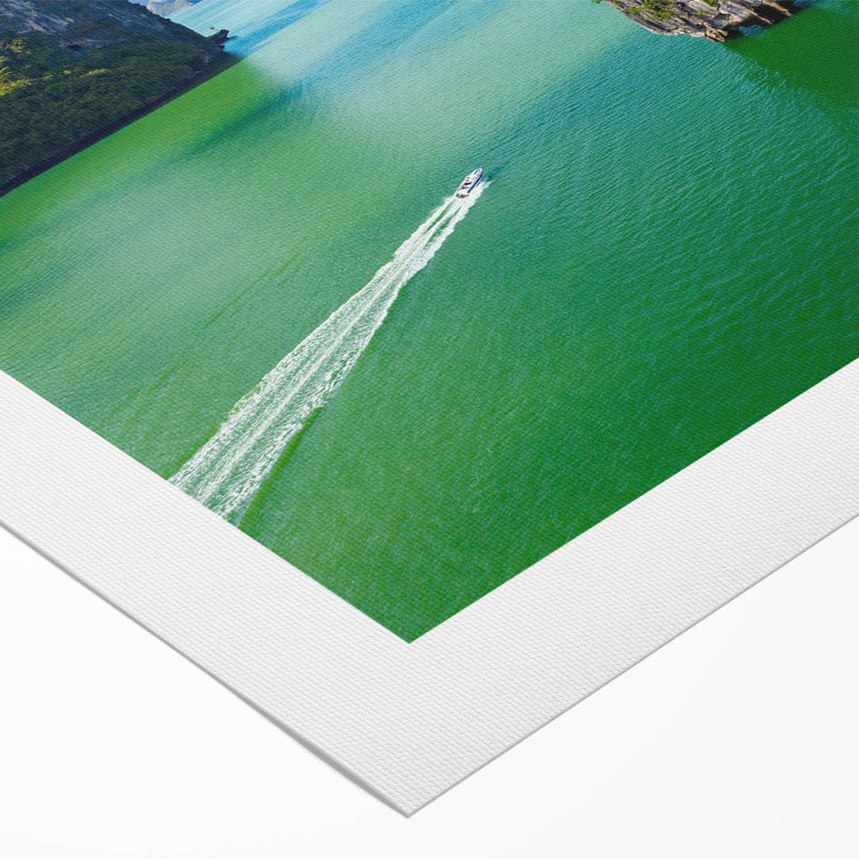 Art deco poster of a serene Vietnamese landscape, featuring muted green and blue tones on rolled canvas.