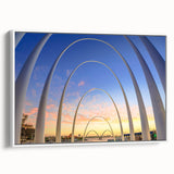 Framed canvas featuring a vintage-style landscape painting of Perth, Australia with a black and white color scheme.