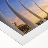 Art deco poster of Perth skyline in muted blue and gray tones on rolled canvas, suitable for dining room wall art.