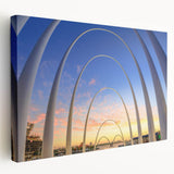 Panoramic Perth skyline on a stretched canvas with vivid blue and green tones, suitable for kitchen wall art.