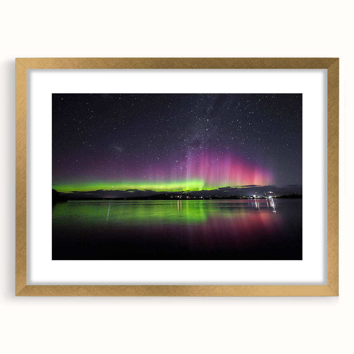 Abstract art print of a Tasmanian landscape in muted earth tones on a framed gold mat.