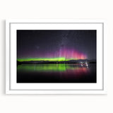 Textured abstract art print of Tasmania scenery in muted earth tones on a framed white mat, suitable for bedroom decor.