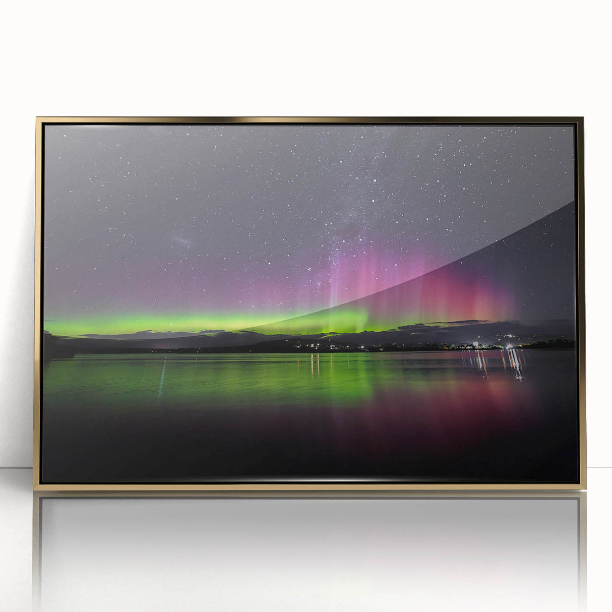 Mid-century modernist art of Tasmania scenery in gold frame, acrylic print, ideal for nursery wall art.