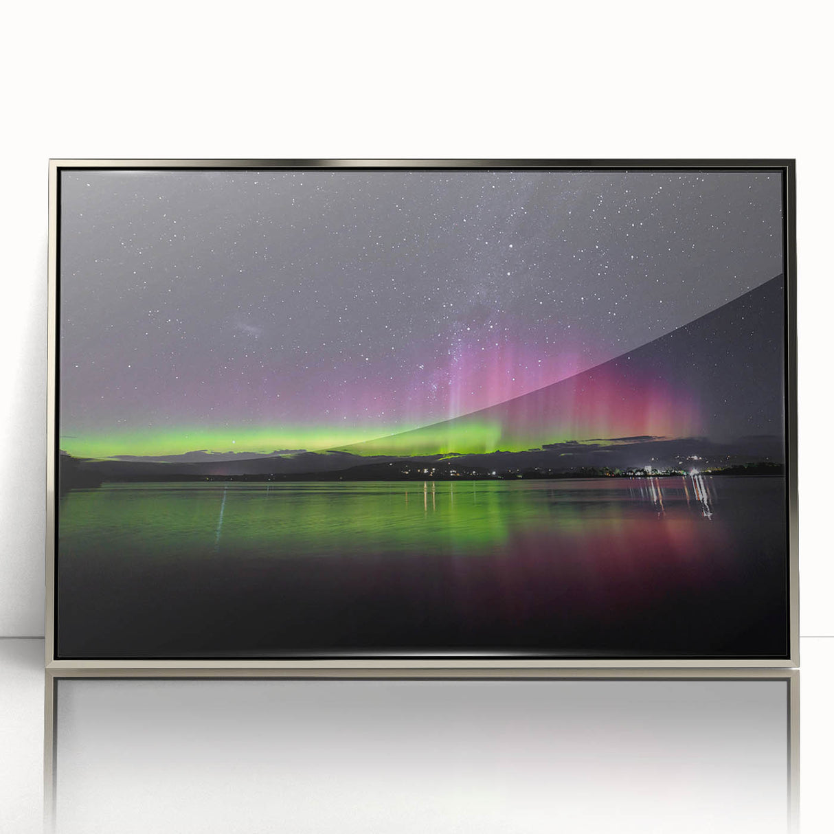 Art deco poster of Tasmania scenery in silver framed acrylic, featuring muted earth tones, ideal for modern nursery wall art.