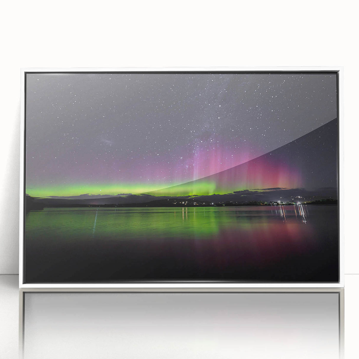 Large art print of Tasmania scenery in mid-century modernist style, framed in white acrylic.