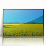 Large art print of Alberta, Canada scenery in muted earth tones, framed in gold acrylic, suitable for modern nursery decor.