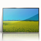 Mid-century modernist art depicting Alberta, Canada scenery in silver framed acrylic, suitable for nursery wall decor.