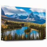Acrylic print of a British Columbia landscape, featuring lush greens and blues, ideal for dining room decor.