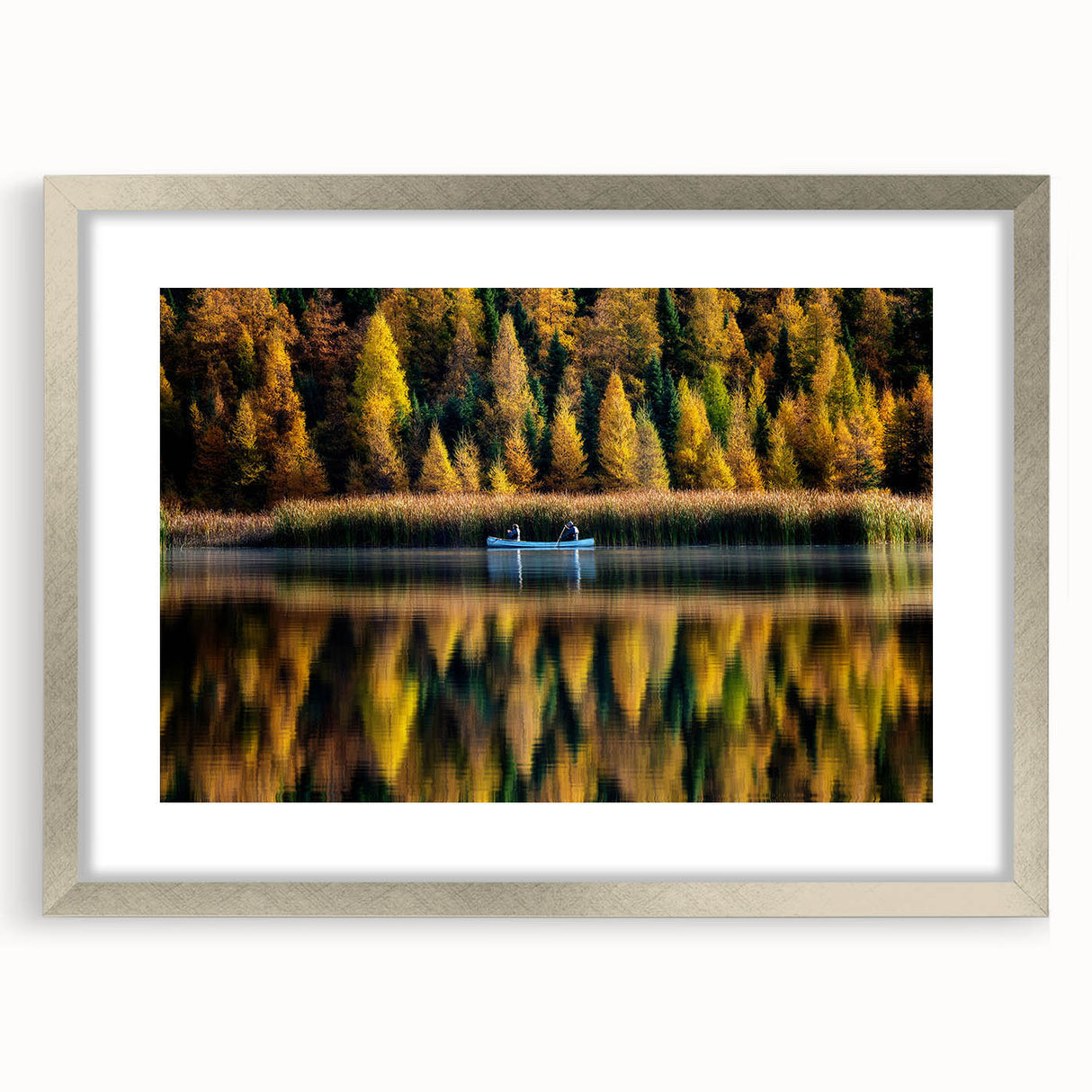 Textured abstract art print of Manitoba scenery in muted earth tones, framed with a silver mat, ideal for bedroom art.