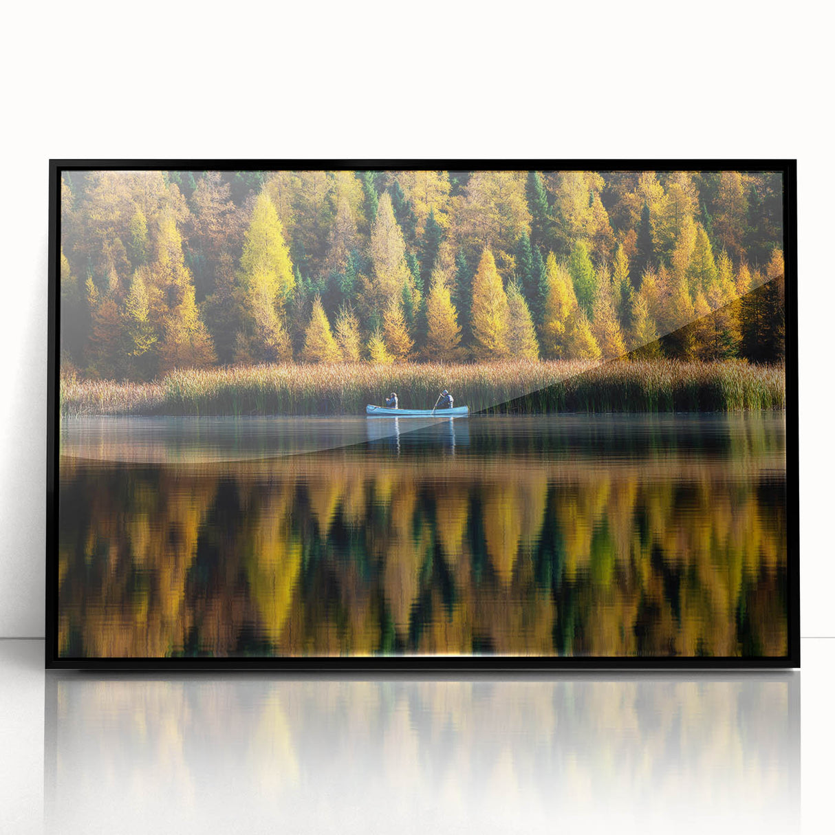 Large abstract wall art featuring a serene Manitoba landscape in muted earth tones, framed in black acrylic.