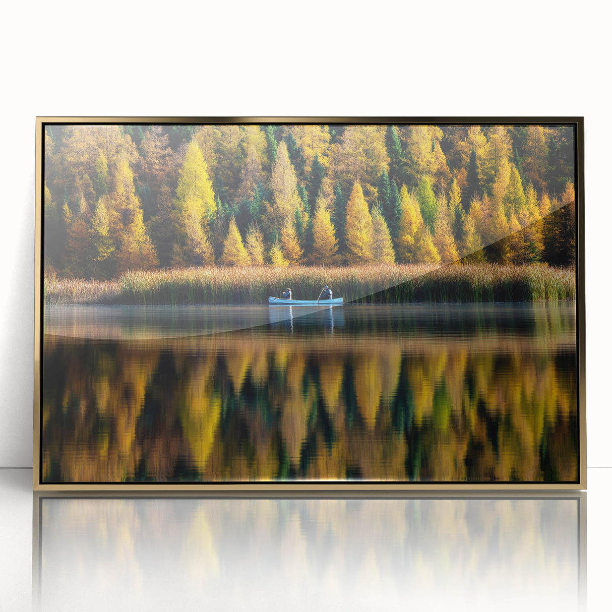 Large art print of a scenic Manitoba landscape in muted green and blue tones, framed in gold acrylic.
