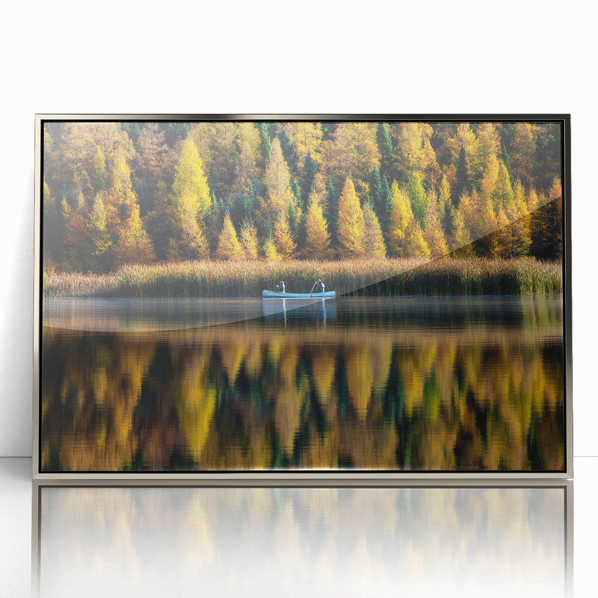 Mid-century modernist art depicting a serene Manitoba landscape in muted earth tones on a framed acrylic panel.