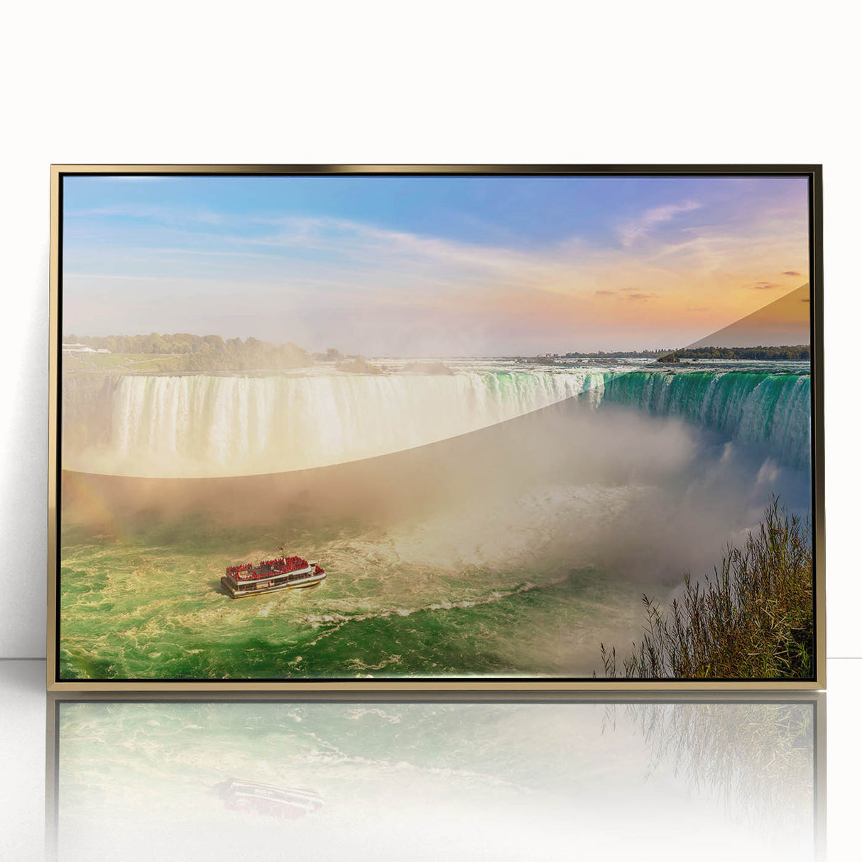 Large framed acrylic print of Ontario, Canada scenery in gold tones, ideal for modern art wall decor.
