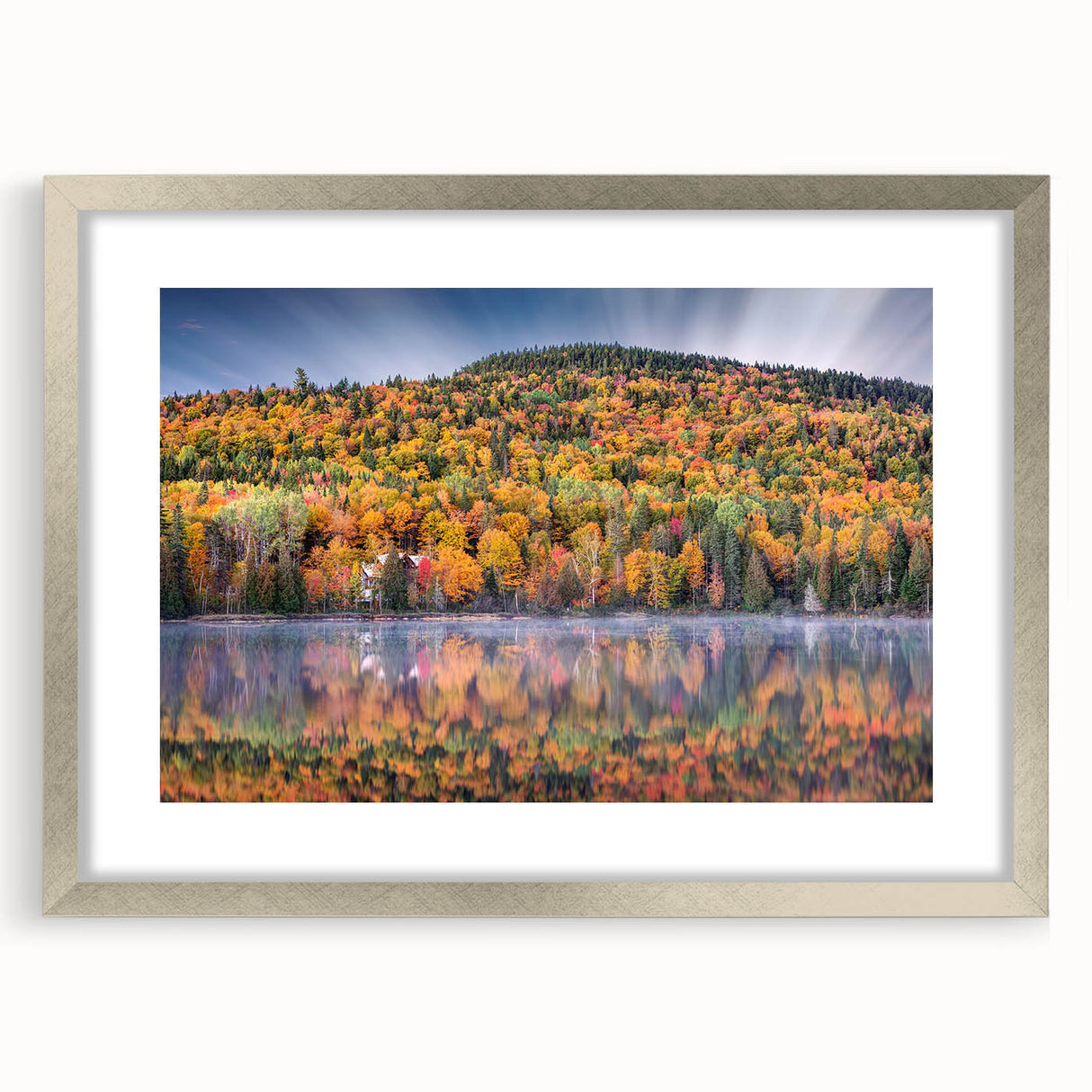 Textured abstract art print depicting a misty forest in muted green and blue tones on a framed canvas, ideal for bedroom art.