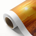 Art deco poster of Saskatchewan scenery on rolled canvas, with muted green and blue tones, ideal for nursery wall art.