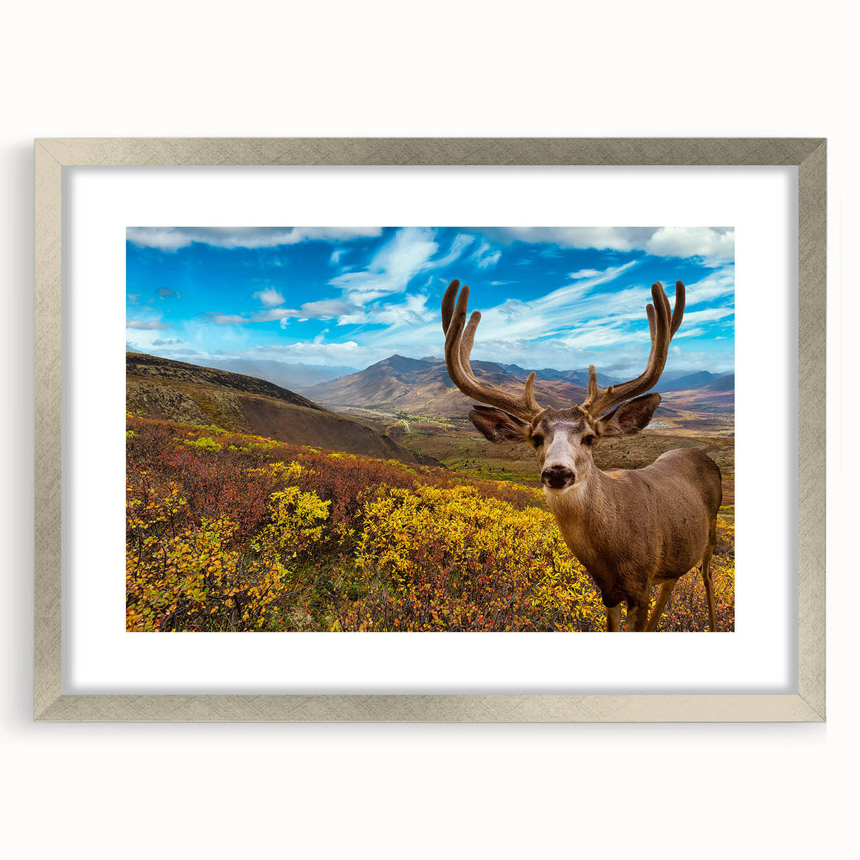 Textured abstract art print of Yukon scenery in muted earth tones, framed in silver, ideal for bedroom art.