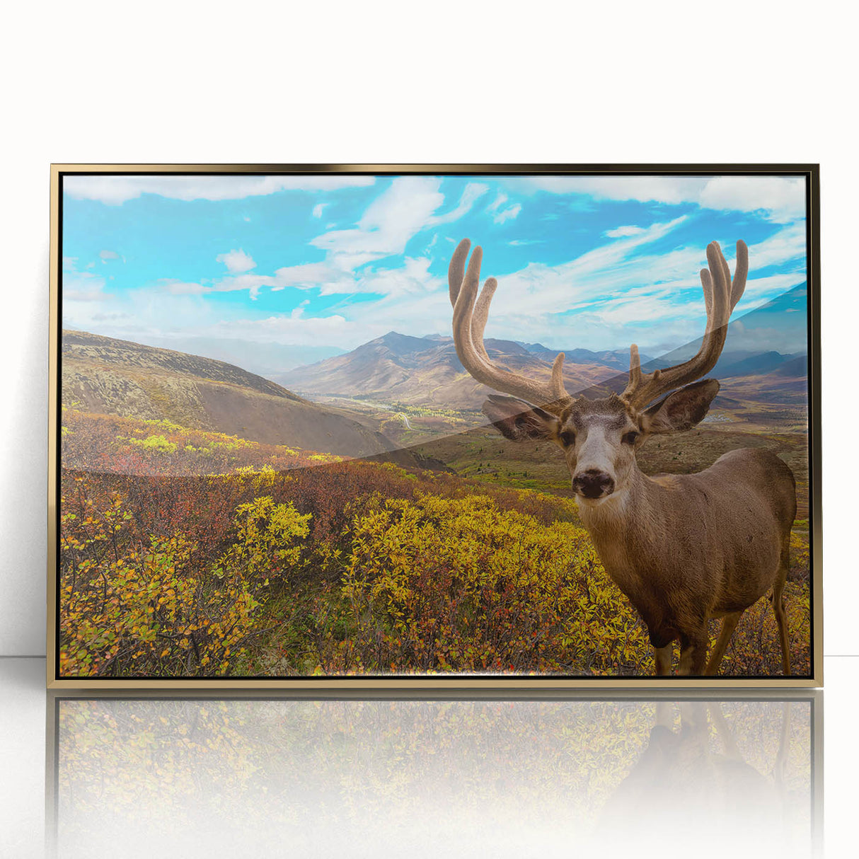 Large art print of Yukon scenery in mid-century modernist style, framed in gold acrylic, suitable for modern art wall decor.