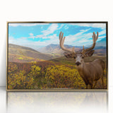 Large art print of Yukon scenery in mid-century modernist style, framed in gold acrylic, suitable for modern art wall decor.