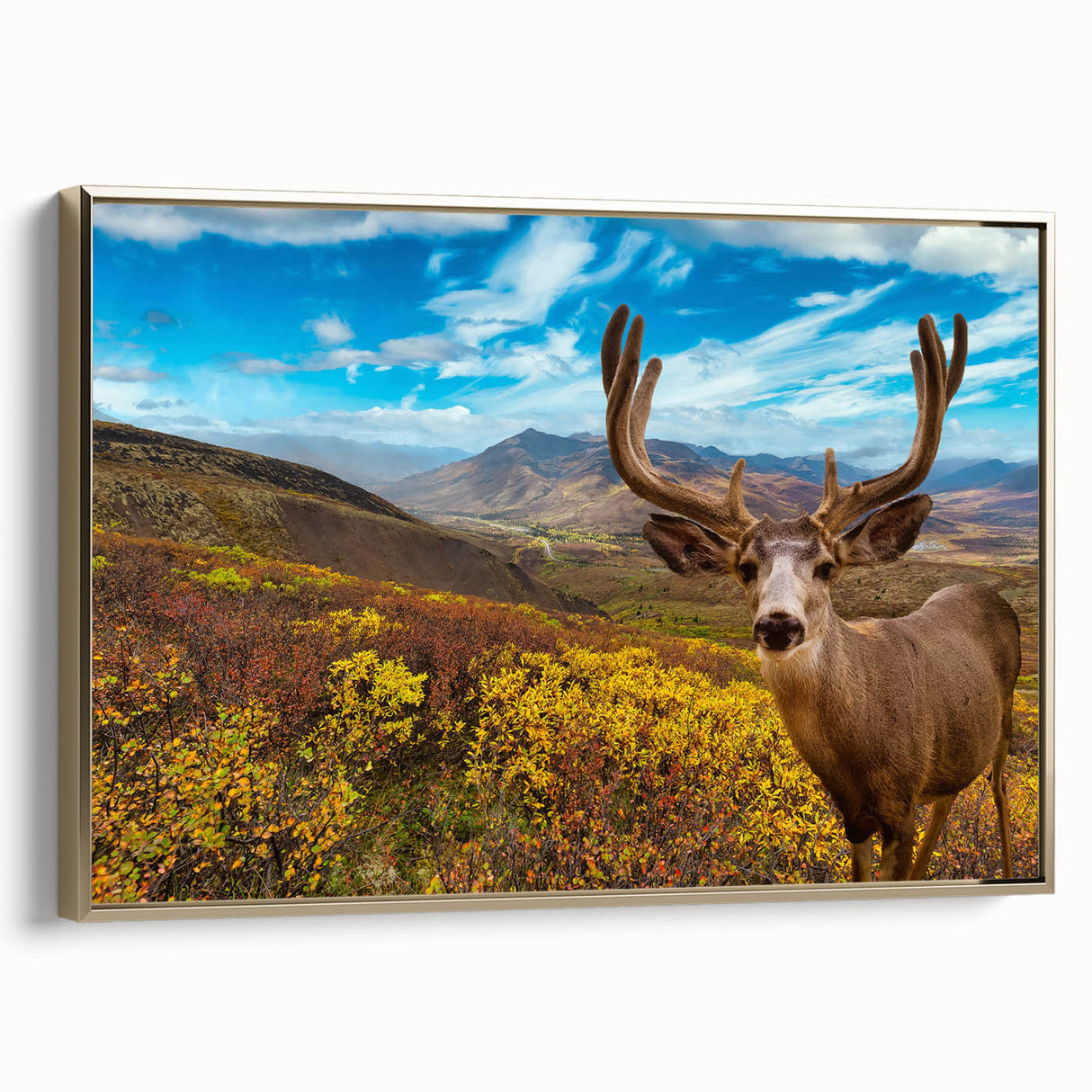 Framed canvas of a Yukon landscape in muted earth tones, ideal for bedroom wall art.