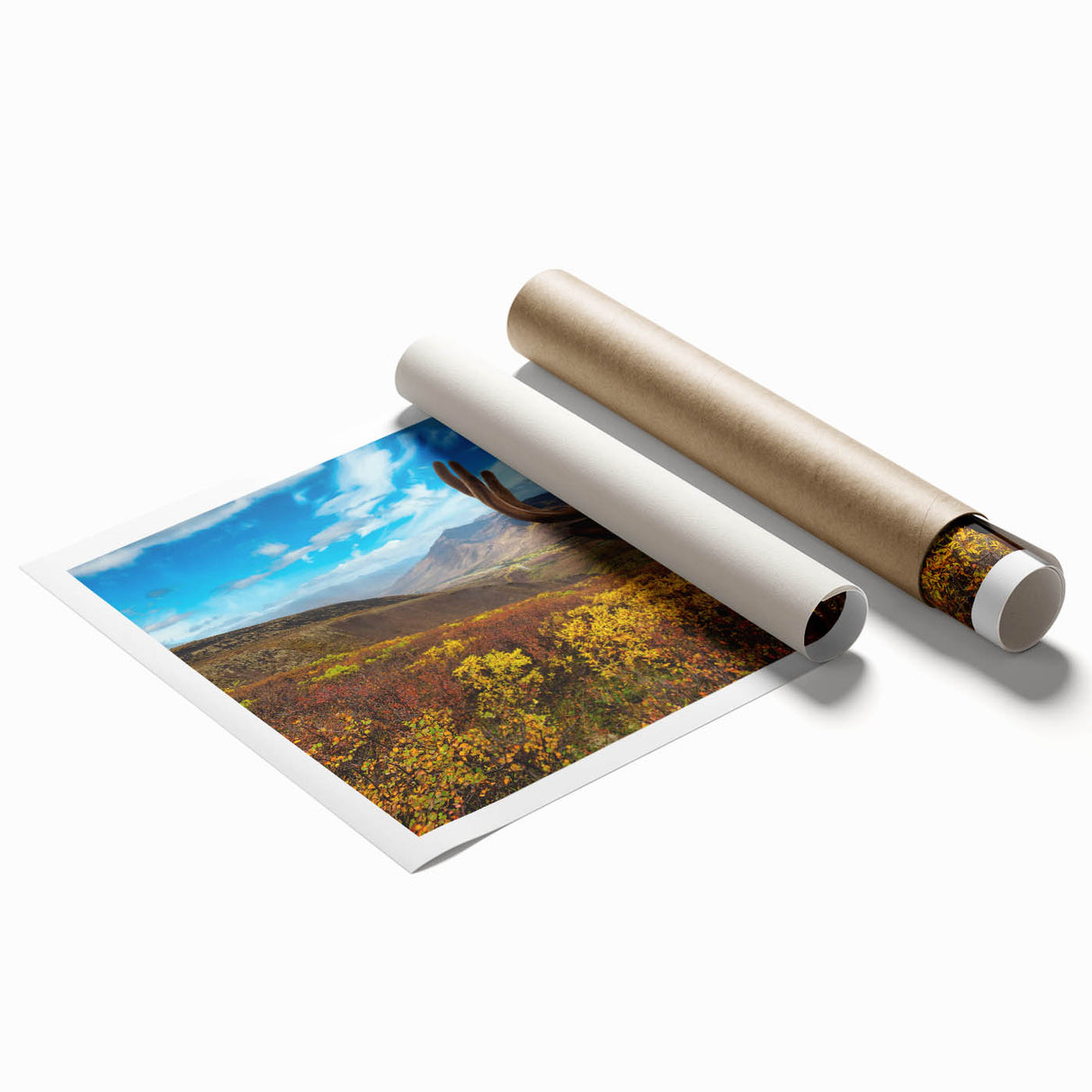 Extra large rolled print of Yukon scenery with muted earth tones, ideal for classy bathroom wall art.