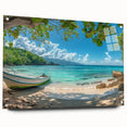 Large abstract wall art of Caribbean scenery in vibrant blue and green tones on acrylic glass.