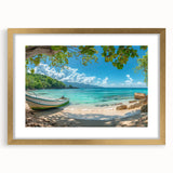 Abstract art print of a Caribbean scenery in muted blue and green tones, framed in gold, ideal for dining room decor.