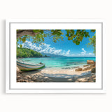 Textured abstract art print depicting a Caribbean scenery in muted blue and green hues, framed with a white mat.