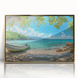 Art deco poster of a Caribbean Aruba scenery in vibrant blue and gold tones, acrylic print, ideal for modern art wall decor.