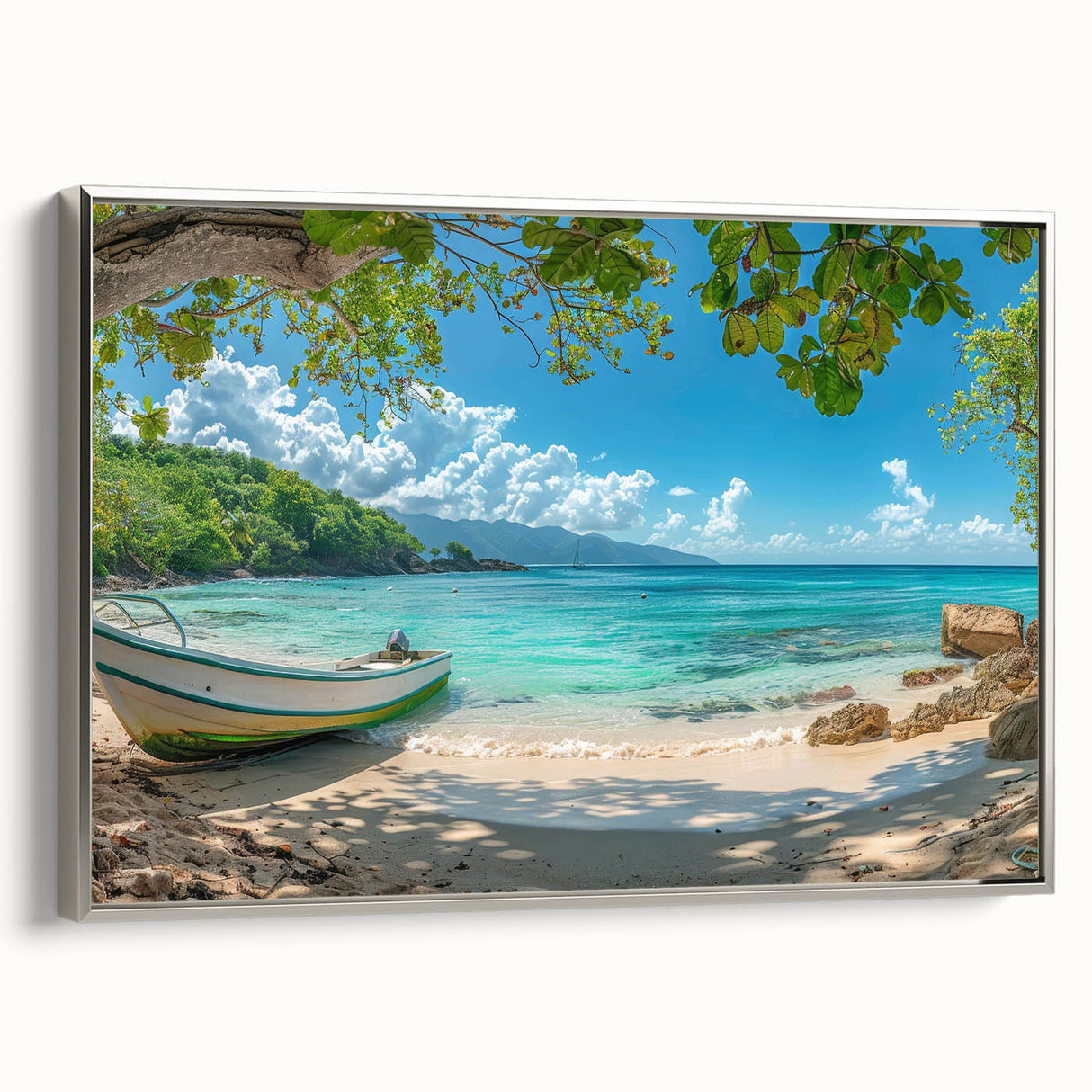 Framed canvas featuring a vintage-style landscape of Aruba with muted blue and gray tones, ideal for bedroom wall decor.