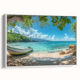 Framed canvas landscape art paintings depicting a serene Caribbean scene in vibrant colors.