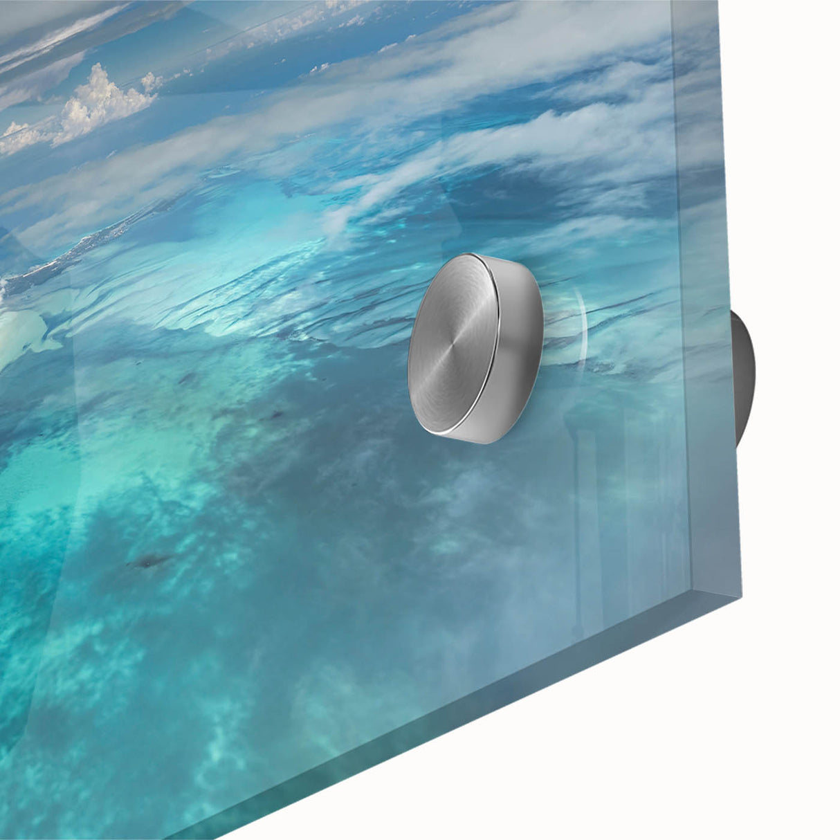 Large abstract wall art depicting a Caribbean scenery in vivid blue and green tones on acrylic.