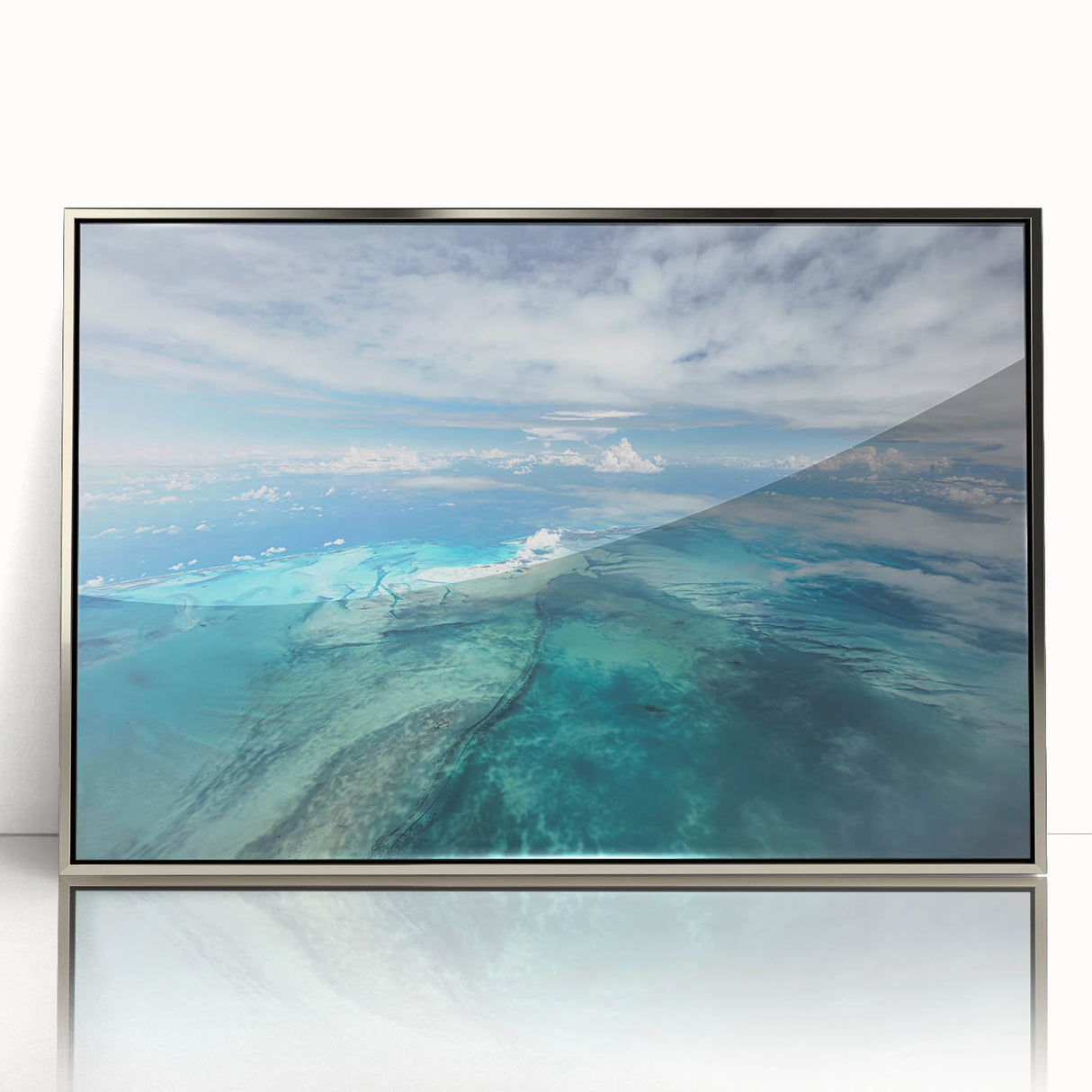 Large art print of a Caribbean scenery on framed acrylic, with muted blue and green tones, ideal for modern art wall decor.