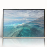 Large art print of a Caribbean scenery on framed acrylic, with muted blue and green tones, ideal for modern art wall decor.