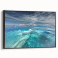 Framed canvas featuring a black and white vintage poster art of the Caribbean Bahamas landscape, ideal for bedroom decor.