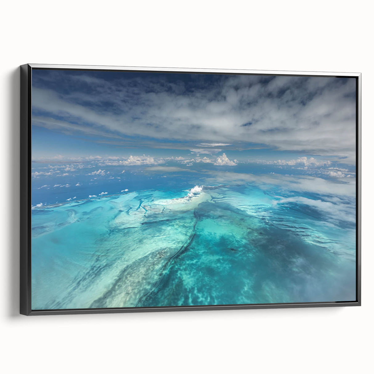 Framed canvas featuring a black and white vintage poster art of the Caribbean Bahamas landscape, ideal for bedroom decor.