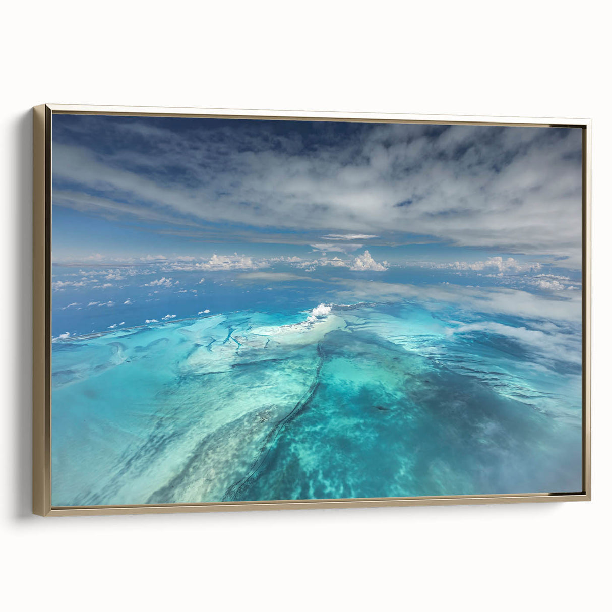 Framed canvas wall art depicting a serene Caribbean landscape with vintage poster art style in black and gold tones.