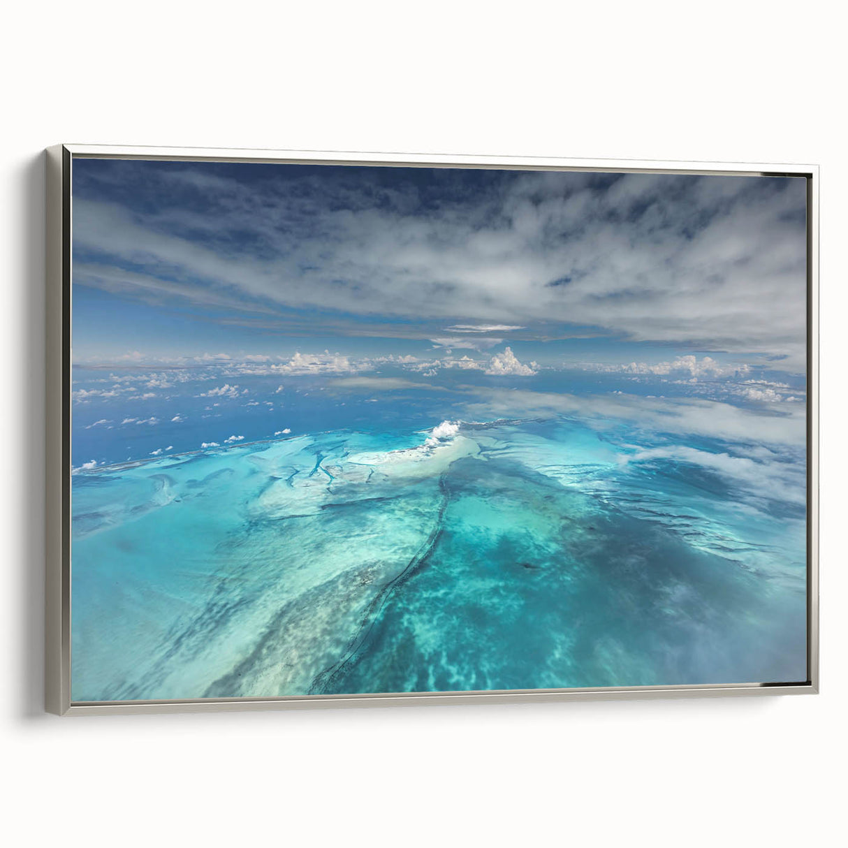 Framed canvas landscape art painting depicting a Caribbean scene with vibrant blue and green colors.