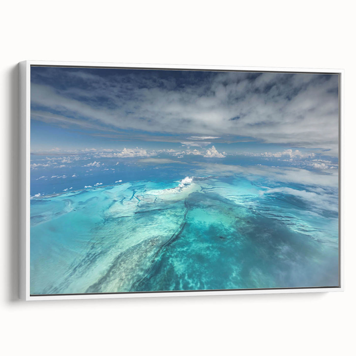 Vintage poster art of a Caribbean beach scene on framed canvas, featuring vibrant blue and white tones.